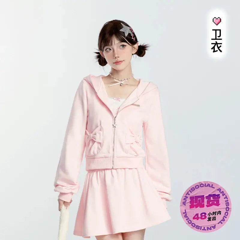 Japanese Style Sweet Pink Sweatshirt Set Y2k Girl Hooded Zipper Hoodies High Waist A-line Pleated Mini Skirt Two-piece Set Women Couture Cozy