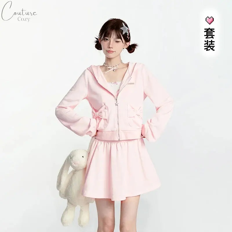 Japanese Style Sweet Pink Sweatshirt Set Y2k Girl Hooded Zipper Hoodies High Waist A-line Pleated Mini Skirt Two-piece Set Women Couture Cozy