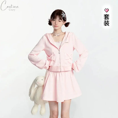 Japanese Style Sweet Pink Sweatshirt Set Y2k Girl Hooded Zipper Hoodies High Waist A-line Pleated Mini Skirt Two-piece Set Women Couture Cozy