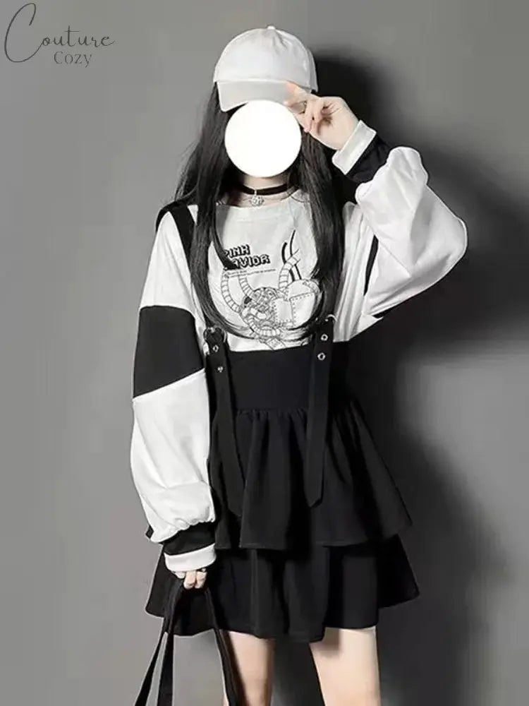 KOSAHIKI Kawaii Two Pieces Set Women Cartoon Print Hoodies+Suspender Shorts 2024 Japanese Harajuku Conjunto Femenino Y2k Outfits Couture Cozy