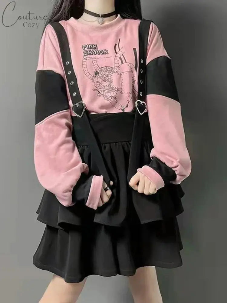 KOSAHIKI Kawaii Two Pieces Set Women Cartoon Print Hoodies+Suspender Shorts 2024 Japanese Harajuku Conjunto Femenino Y2k Outfits Couture Cozy