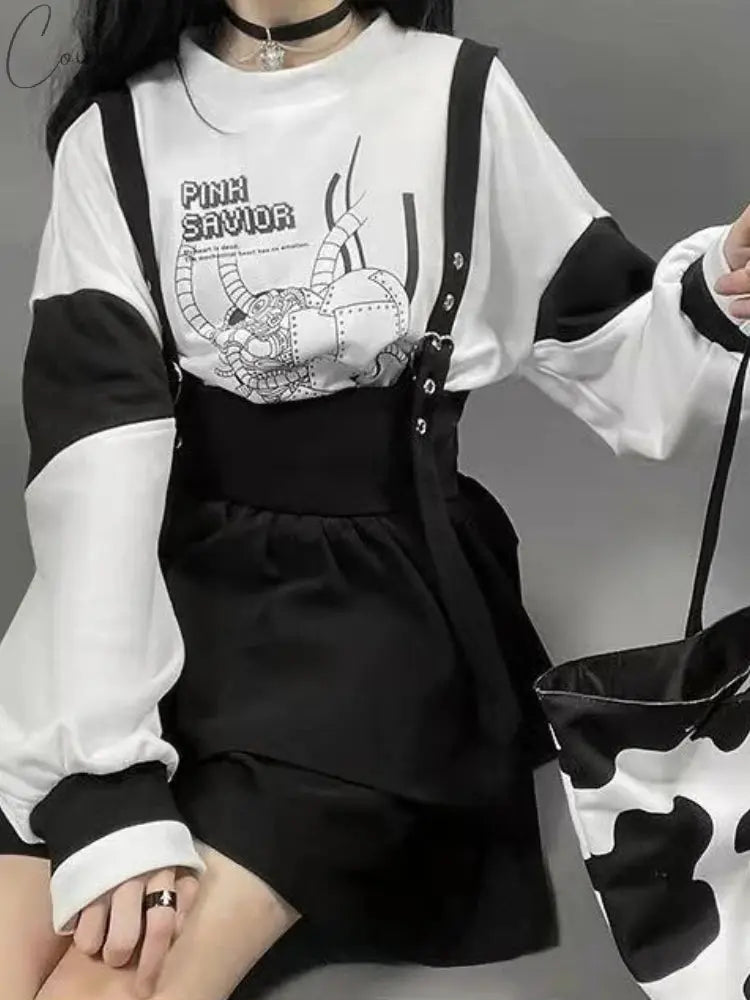 KOSAHIKI Kawaii Two Pieces Set Women Cartoon Print Hoodies+Suspender Shorts 2024 Japanese Harajuku Conjunto Femenino Y2k Outfits Couture Cozy