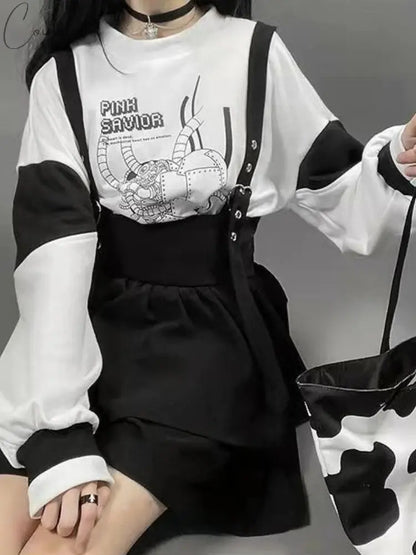 KOSAHIKI Kawaii Two Pieces Set Women Cartoon Print Hoodies+Suspender Shorts 2024 Japanese Harajuku Conjunto Femenino Y2k Outfits Couture Cozy