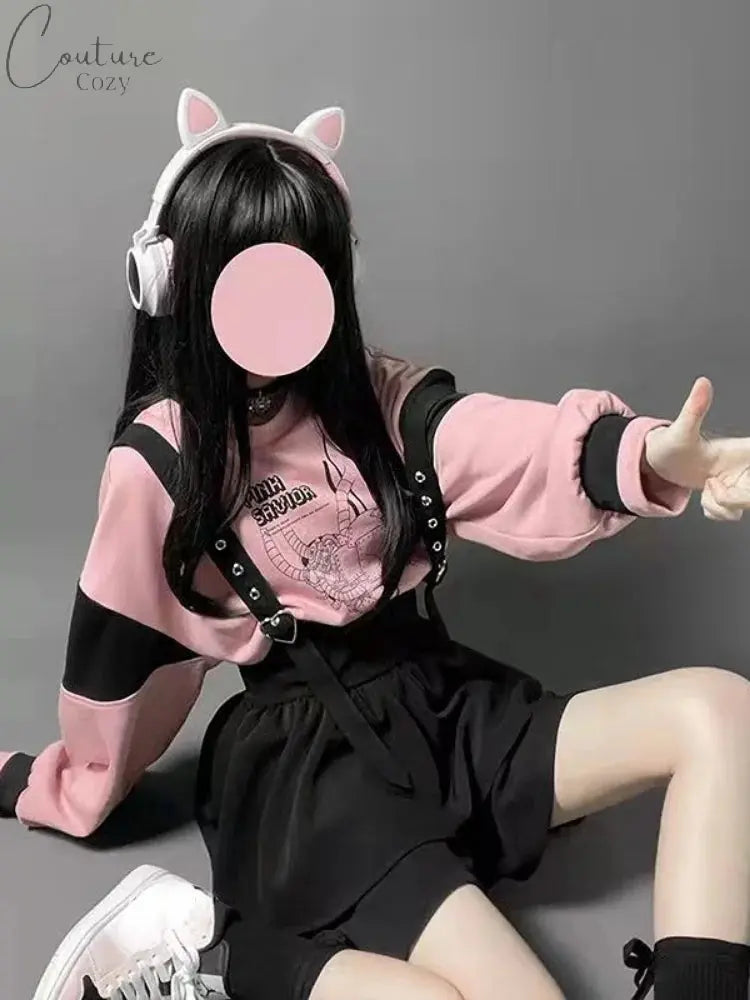 KOSAHIKI Kawaii Two Pieces Set Women Cartoon Print Hoodies+Suspender Shorts 2024 Japanese Harajuku Conjunto Femenino Y2k Outfits Couture Cozy