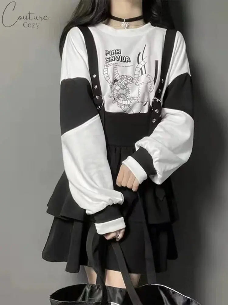 KOSAHIKI Kawaii Two Pieces Set Women Cartoon Print Hoodies+Suspender Shorts 2024 Japanese Harajuku Conjunto Femenino Y2k Outfits Couture Cozy
