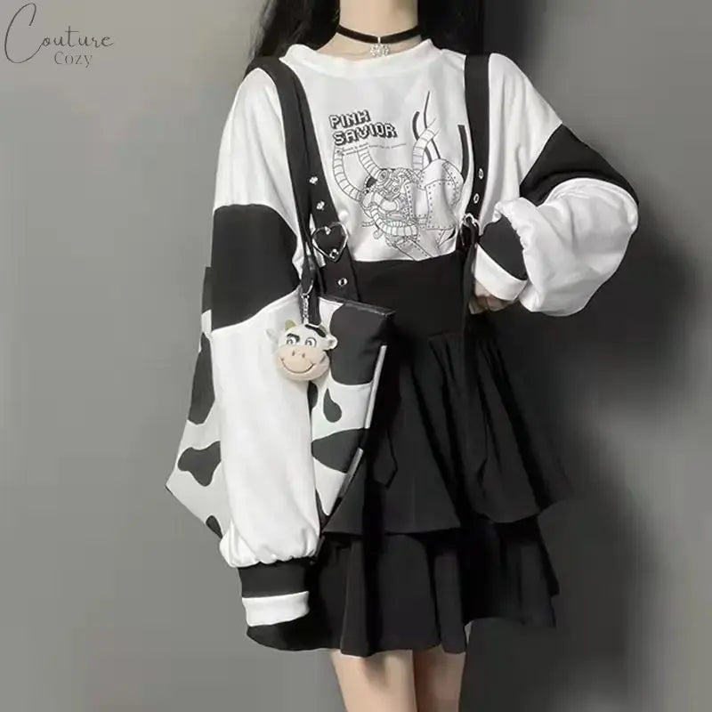 KOSAHIKI Kawaii Two Pieces Set Women Cartoon Print Hoodies+Suspender Shorts 2024 Japanese Harajuku Conjunto Femenino Y2k Outfits Couture Cozy
