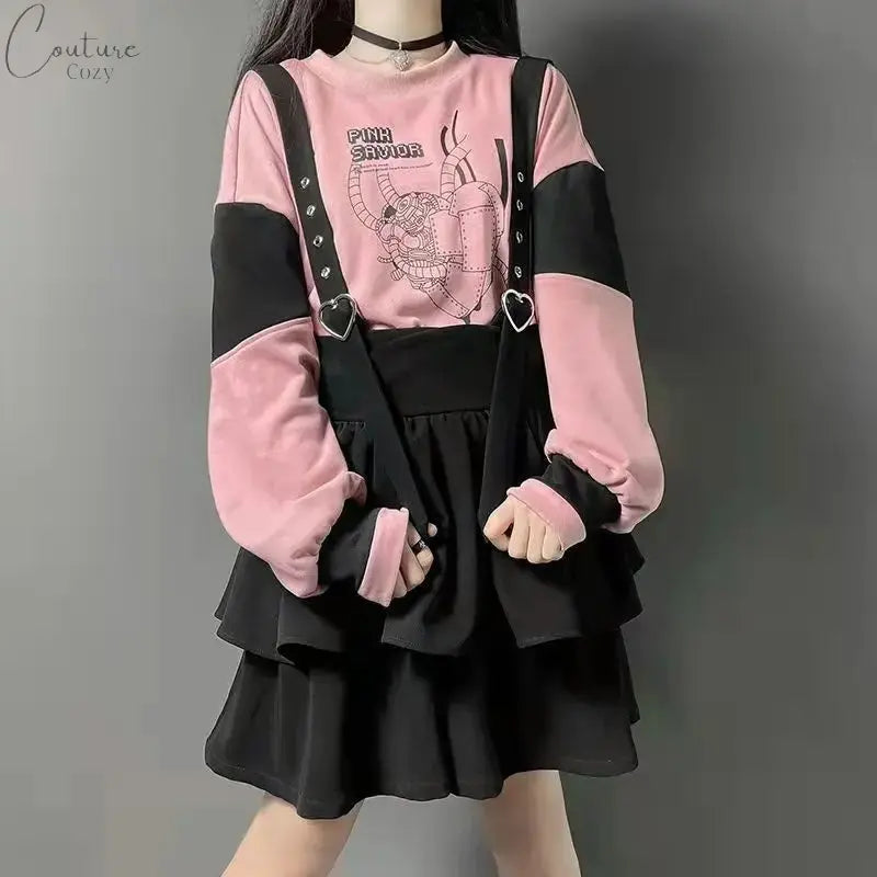 KOSAHIKI Kawaii Two Pieces Set Women Cartoon Print Hoodies+Suspender Shorts 2024 Japanese Harajuku Conjunto Femenino Y2k Outfits Couture Cozy
