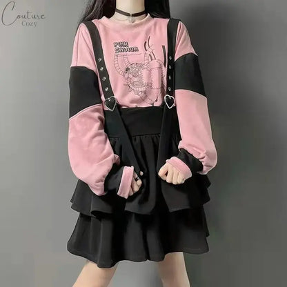 KOSAHIKI Kawaii Two Pieces Set Women Cartoon Print Hoodies+Suspender Shorts 2024 Japanese Harajuku Conjunto Femenino Y2k Outfits Couture Cozy
