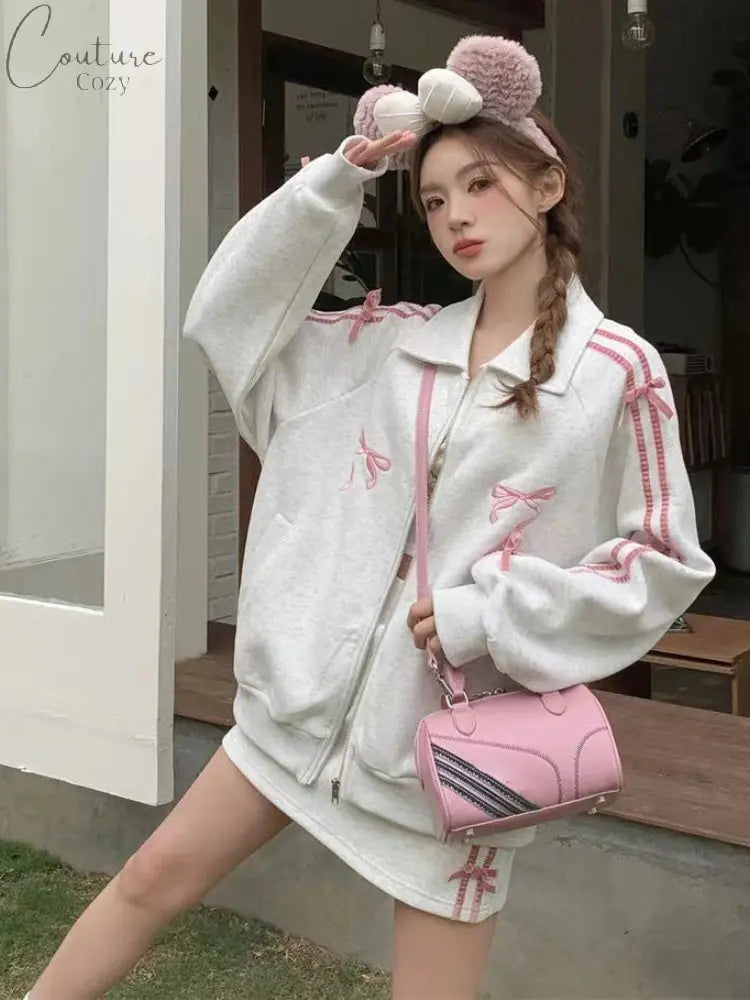 Korean Velvet Bow Bars Coat 2 Piece Set Women Design Sense Cardigan Hoodie Skirt Sets Female Fashion Cute Zipper Sports Suit Couture Cozy