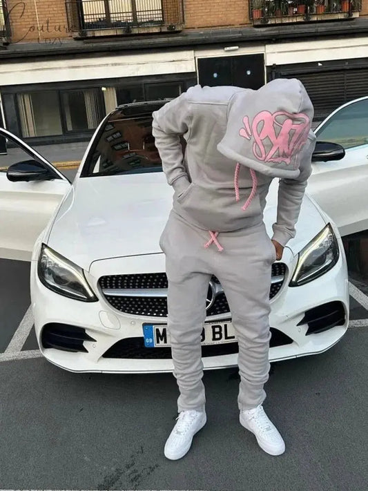 Men Cotton Printed Tracksuit 2PCS Set Hoodies Straight Pants Casual Loose Hip Hop Sports Hooded Pullover Trousers Y2k Streetwear Couture Cozy