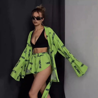 New loose long sleeve women's print casual commuter lace-up pajamas high-waisted shorts set Couture Cozy