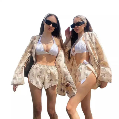 New loose long sleeve women's print casual commuter lace-up pajamas high-waisted shorts set Couture Cozy