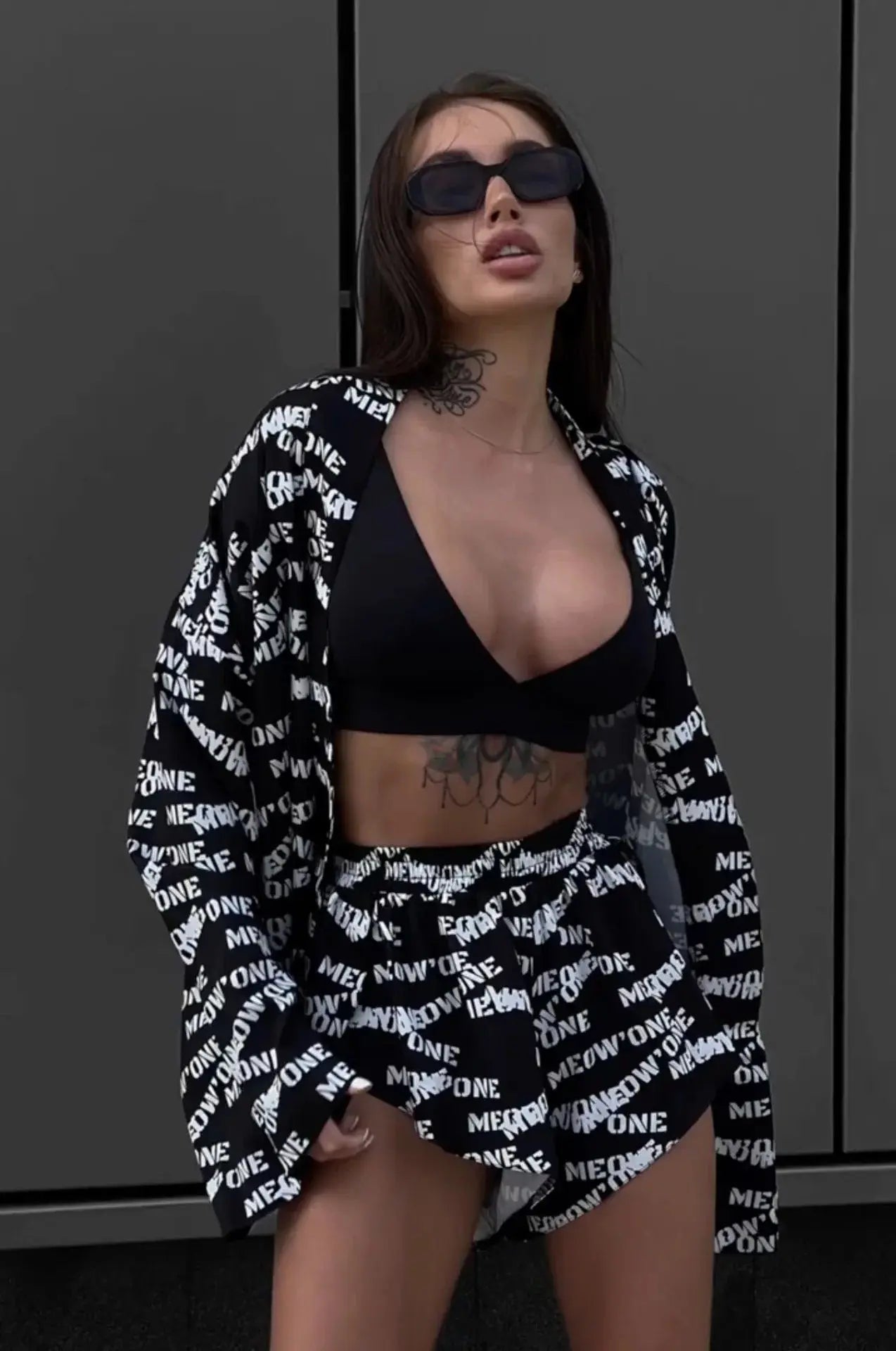 New loose long sleeve women's print casual commuter lace-up pajamas high-waisted shorts set Couture Cozy
