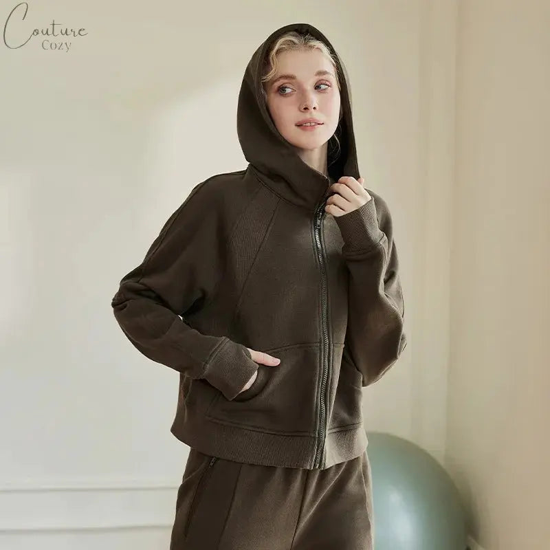 QUMOR Women Sport Jackets With Pockets Thumb Holes Scuba Full-Zip Hoodie Plush Oversized Top Couture Cozy