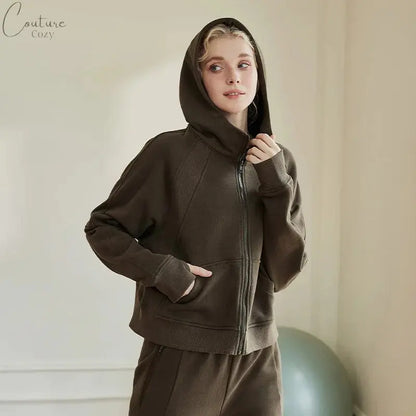 QUMOR Women Sport Jackets With Pockets Thumb Holes Scuba Full-Zip Hoodie Plush Oversized Top Couture Cozy