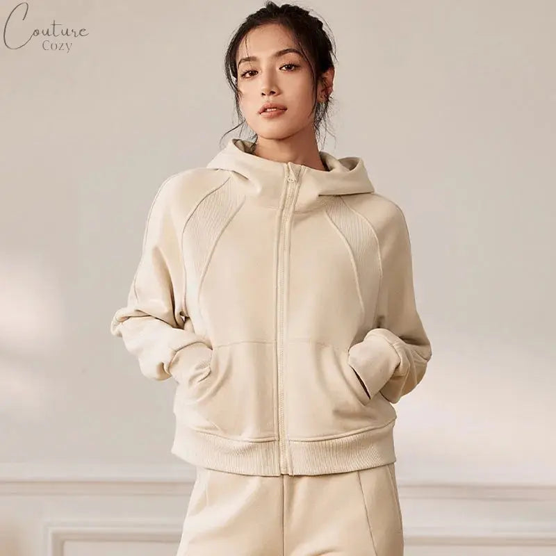QUMOR Women Sport Jackets With Pockets Thumb Holes Scuba Full-Zip Hoodie Plush Oversized Top Couture Cozy