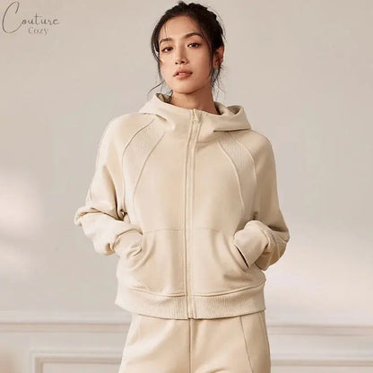QUMOR Women Sport Jackets With Pockets Thumb Holes Scuba Full-Zip Hoodie Plush Oversized Top Couture Cozy