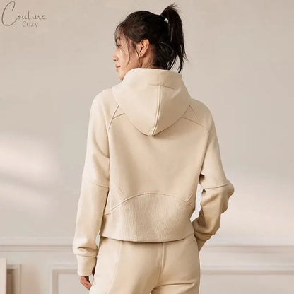 QUMOR Women Sport Jackets With Pockets Thumb Holes Scuba Full-Zip Hoodie Plush Oversized Top Couture Cozy