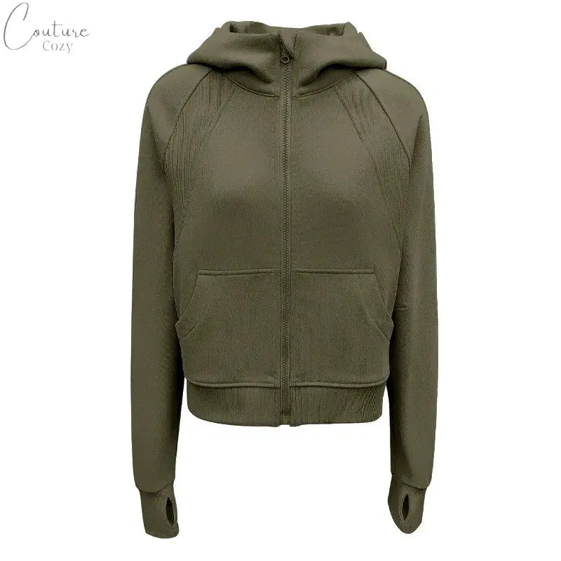 QUMOR Women Sport Jackets With Pockets Thumb Holes Scuba Full-Zip Hoodie Plush Oversized Top Couture Cozy