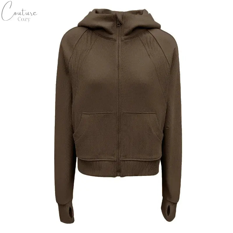 QUMOR Women Sport Jackets With Pockets Thumb Holes Scuba Full-Zip Hoodie Plush Oversized Top Couture Cozy