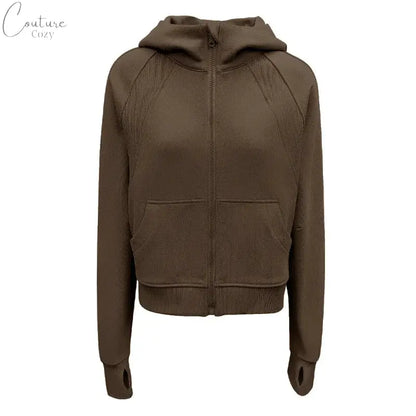 QUMOR Women Sport Jackets With Pockets Thumb Holes Scuba Full-Zip Hoodie Plush Oversized Top Couture Cozy
