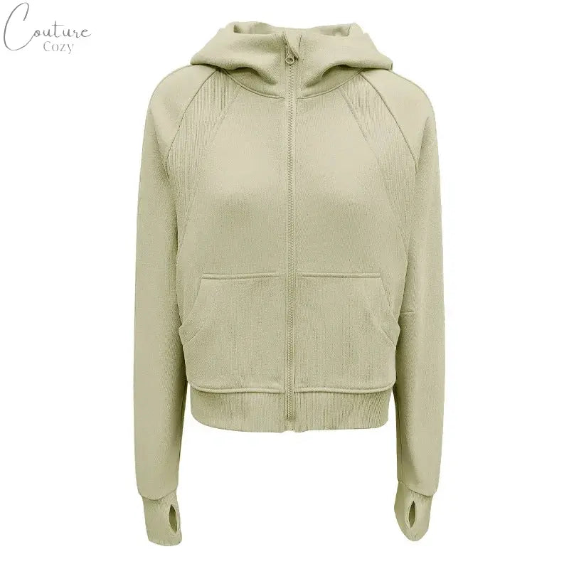 QUMOR Women Sport Jackets With Pockets Thumb Holes Scuba Full-Zip Hoodie Plush Oversized Top Couture Cozy