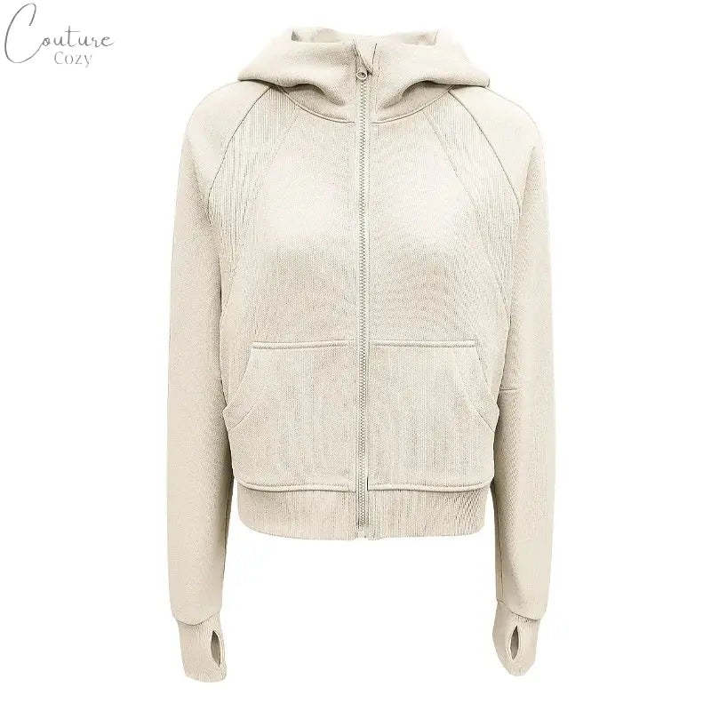 QUMOR Women Sport Jackets With Pockets Thumb Holes Scuba Full-Zip Hoodie Plush Oversized Top Couture Cozy