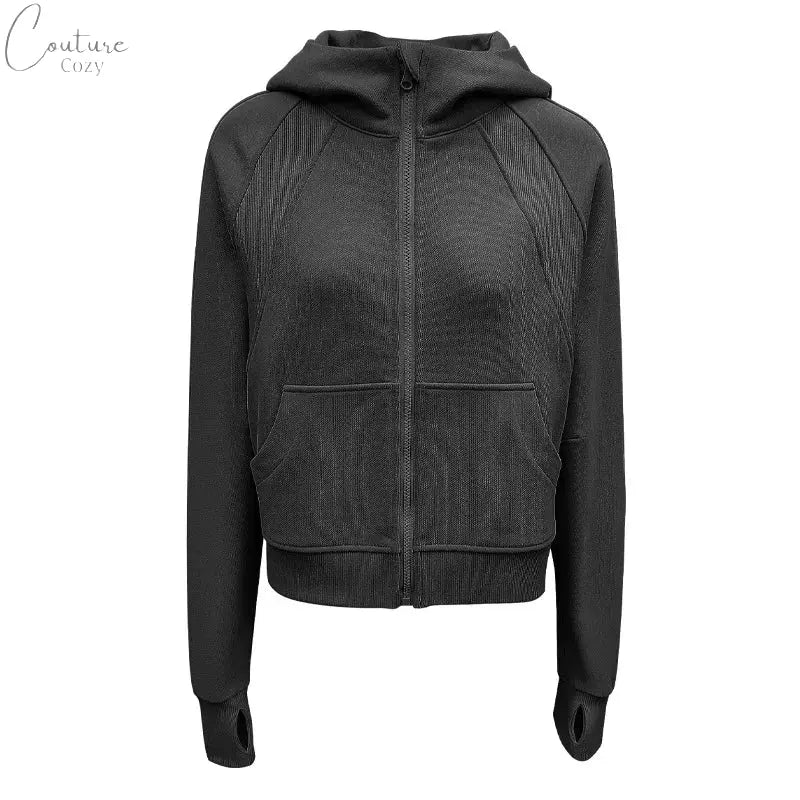 QUMOR Women Sport Jackets With Pockets Thumb Holes Scuba Full-Zip Hoodie Plush Oversized Top Couture Cozy