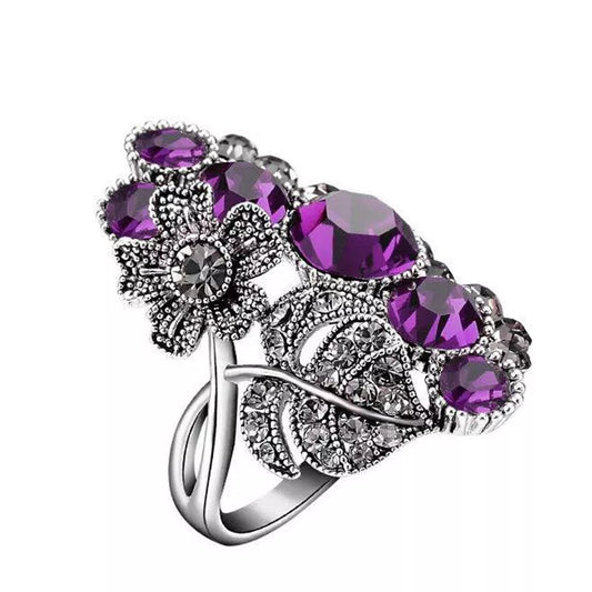 Trendy Luxury Purple Black Crystal Flower Vintage Wedding Rings For Women Punk Turkish Wedding Engagement Jewelery