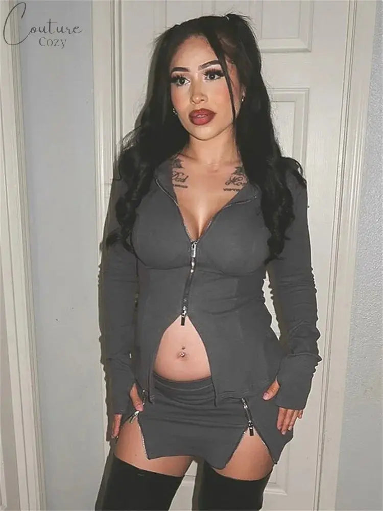 Simenual Y2K Aesthetics Streetwear Outfits Women Chic Double Zip Hoodie Tops Punk Package Hip Mini Skirt Slim 2 Piece Sets Fall Couture Cozy