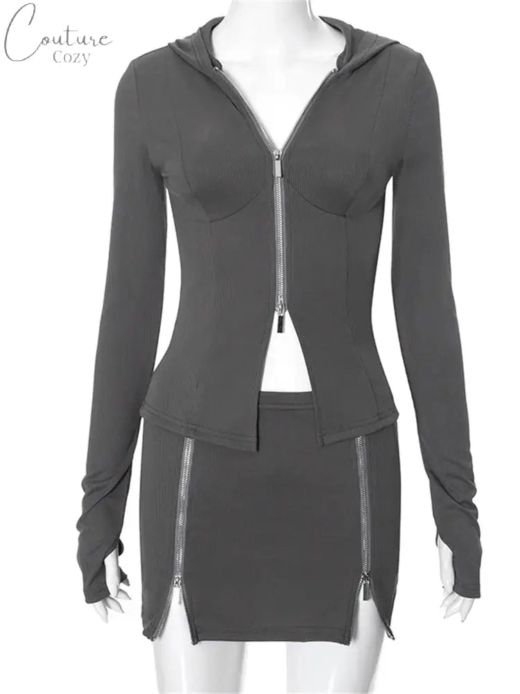 Simenual Y2K Aesthetics Streetwear Outfits Women Chic Double Zip Hoodie Tops Punk Package Hip Mini Skirt Slim 2 Piece Sets Fall Couture Cozy