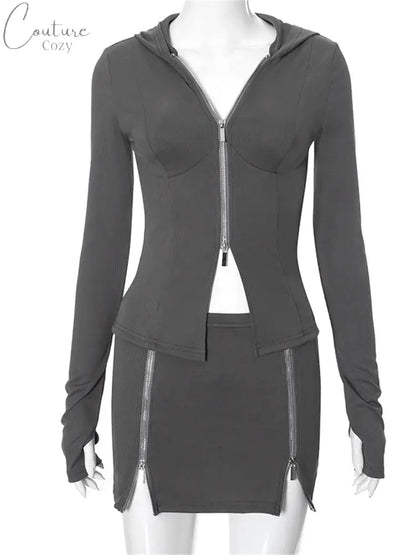 Simenual Y2K Aesthetics Streetwear Outfits Women Chic Double Zip Hoodie Tops Punk Package Hip Mini Skirt Slim 2 Piece Sets Fall Couture Cozy