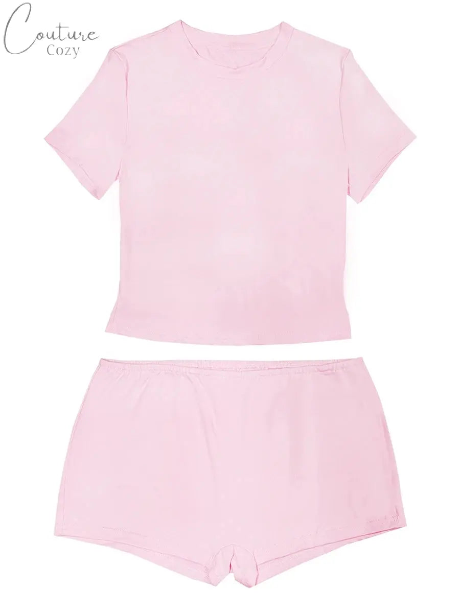 Solid Color Women 2 Piece Lounge Set Y2k Outfits Short Sleeve Crop Tops Shorts Pajamas Matching Set Comfy Underwear Couture Cozy