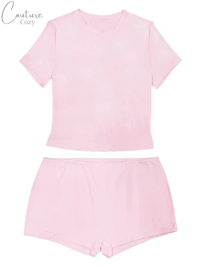 Solid Color Women 2 Piece Lounge Set Y2k Outfits Short Sleeve Crop Tops Shorts Pajamas Matching Set Comfy Underwear Couture Cozy