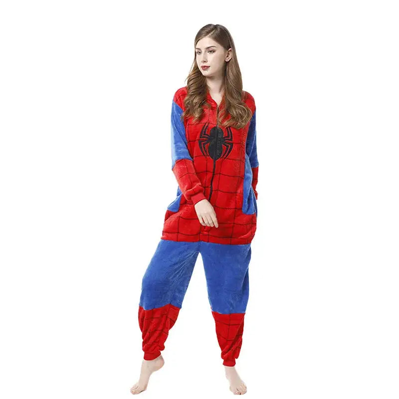 Spider Man Flannel Jumpsuit Pajama Adult Children Home Wear Toilet Version Sleepwear Halloween Costume Indoor Clothing Couture Cozy