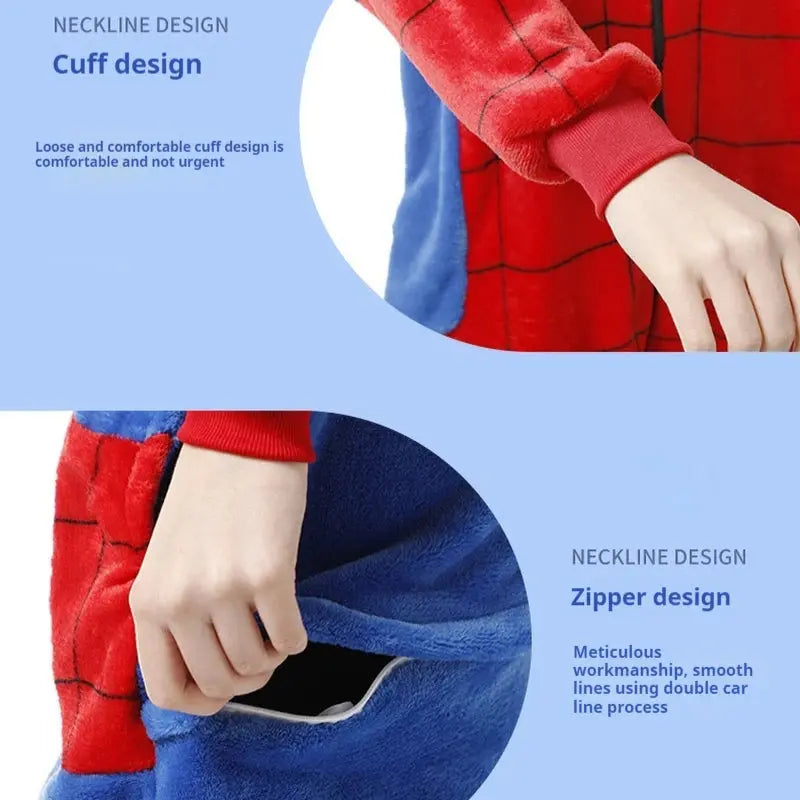 Spider Man Flannel Jumpsuit Pajama Adult Children Home Wear Toilet Version Sleepwear Halloween Costume Indoor Clothing Couture Cozy