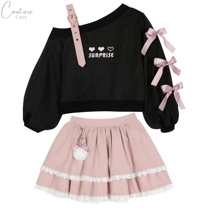 Spring Chic Gothic Skirt Sets Japan Girls Sweet Lolita Cute Heart Black Off Shoulder Hoodies Mini Skirts Suit Women 2 Piece Set Couture Cozy