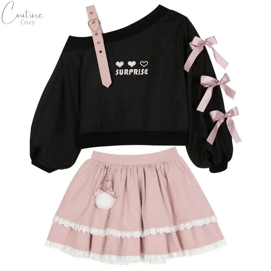 Spring Chic Gothic Skirt Sets Japan Girls Sweet Lolita Cute Heart Black Off Shoulder Hoodies Mini Skirts Suit Women 2 Piece Set Couture Cozy