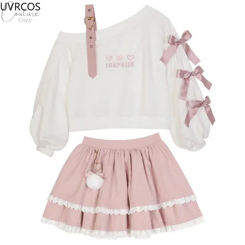 Spring Chic Gothic Skirt Sets Japan Girls Sweet Lolita Cute Heart Black Off Shoulder Hoodies Mini Skirts Suit Women 2 Piece Set Couture Cozy