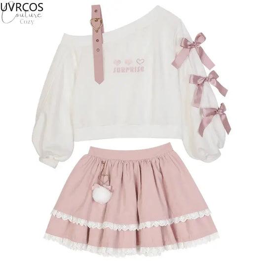 Spring Chic Gothic Skirt Sets Japan Girls Sweet Lolita Cute Heart Black Off Shoulder Hoodies Mini Skirts Suit Women 2 Piece Set Couture Cozy