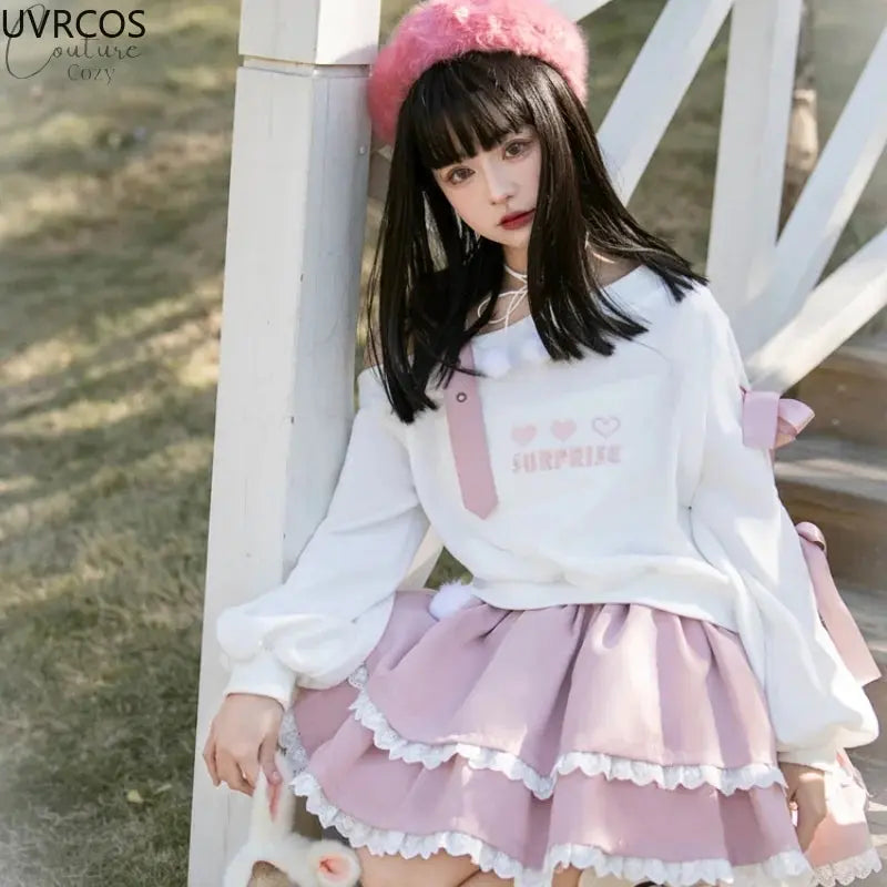 Spring Chic Gothic Skirt Sets Japan Girls Sweet Lolita Cute Heart Black Off Shoulder Hoodies Mini Skirts Suit Women 2 Piece Set Couture Cozy
