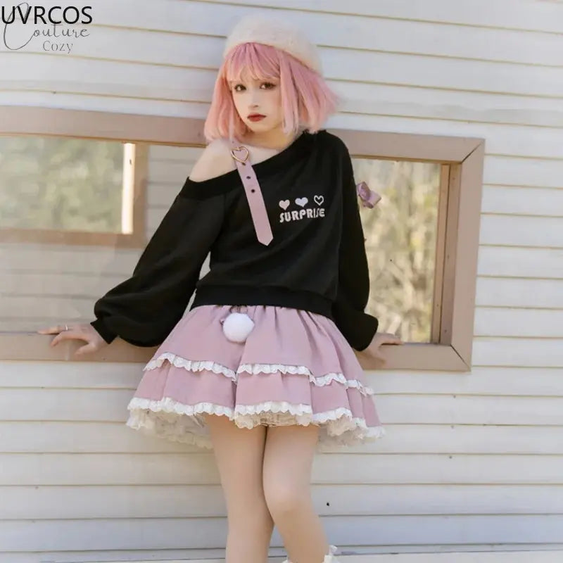 Spring Chic Gothic Skirt Sets Japan Girls Sweet Lolita Cute Heart Black Off Shoulder Hoodies Mini Skirts Suit Women 2 Piece Set Couture Cozy