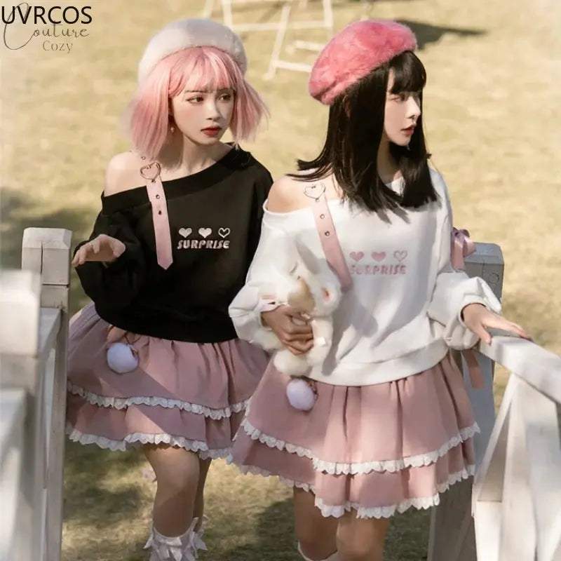 Spring Chic Gothic Skirt Sets Japan Girls Sweet Lolita Cute Heart Black Off Shoulder Hoodies Mini Skirts Suit Women 2 Piece Set Couture Cozy