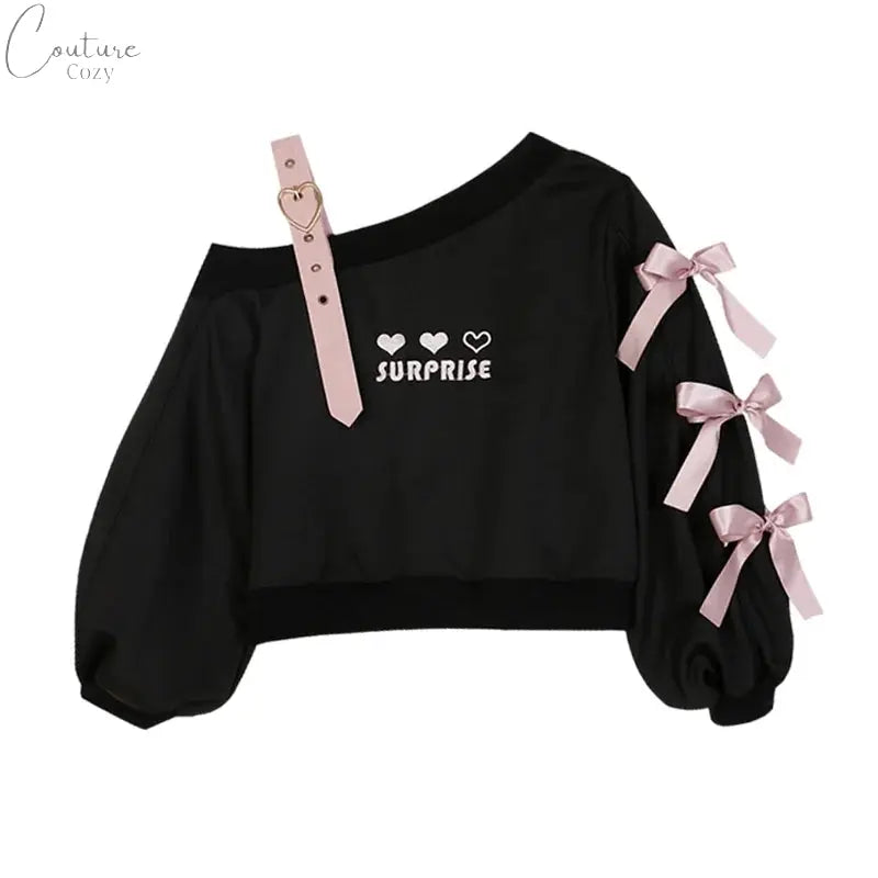 Spring Chic Gothic Skirt Sets Japan Girls Sweet Lolita Cute Heart Black Off Shoulder Hoodies Mini Skirts Suit Women 2 Piece Set Couture Cozy