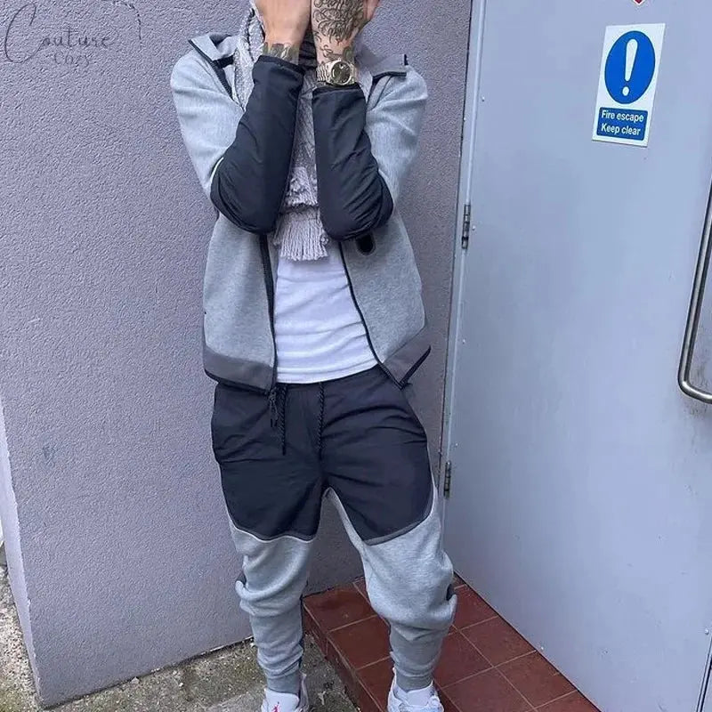Spring Men's Casual Tracksuits Patchwork Hooded Zipper Jackets+Pants Sets Male Slim Gym Sportswear Two Pieces Sets Jogging Suits Couture Cozy