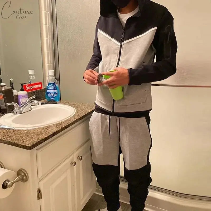 Spring Men's Casual Tracksuits Patchwork Hooded Zipper Jackets+Pants Sets Male Slim Gym Sportswear Two Pieces Sets Jogging Suits Couture Cozy