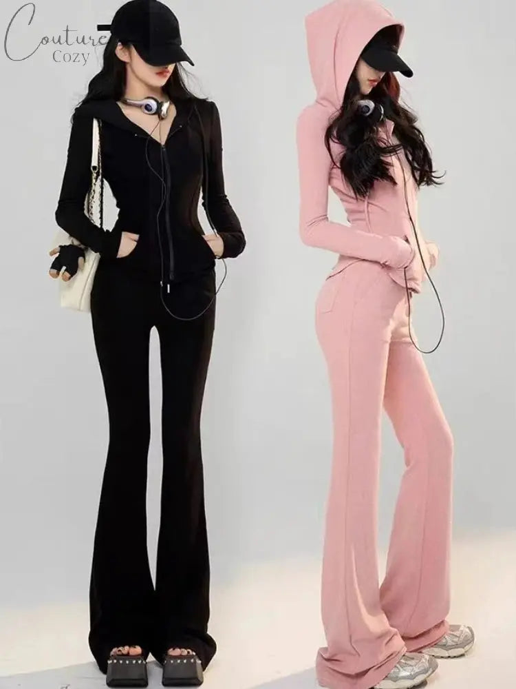 Two Pieces Set Casual Slim Letter Embroidery Zipper Women Hoodies + Fashion Y2k Aesthetic Solid High Waist All Match Pants Femme Couture Cozy