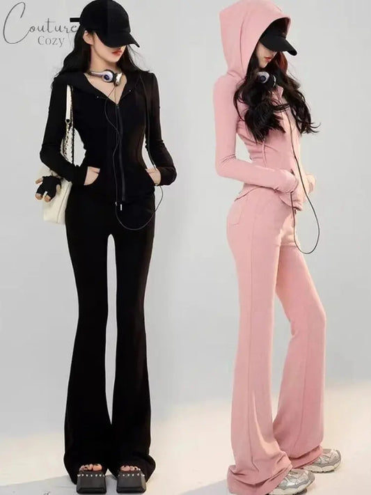 Two Pieces Set Casual Slim Letter Embroidery Zipper Women Hoodies + Fashion Y2k Aesthetic Solid High Waist All Match Pants Femme Couture Cozy