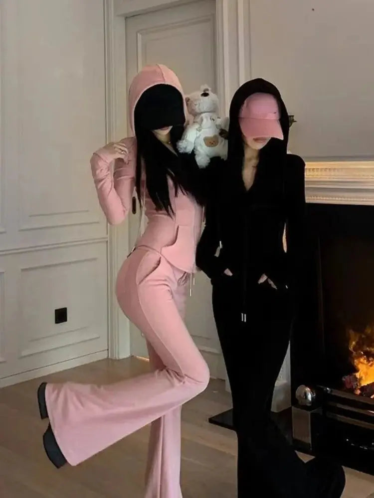 Two Pieces Set Casual Slim Letter Embroidery Zipper Women Hoodies + Fashion Y2k Aesthetic Solid High Waist All Match Pants Femme Couture Cozy