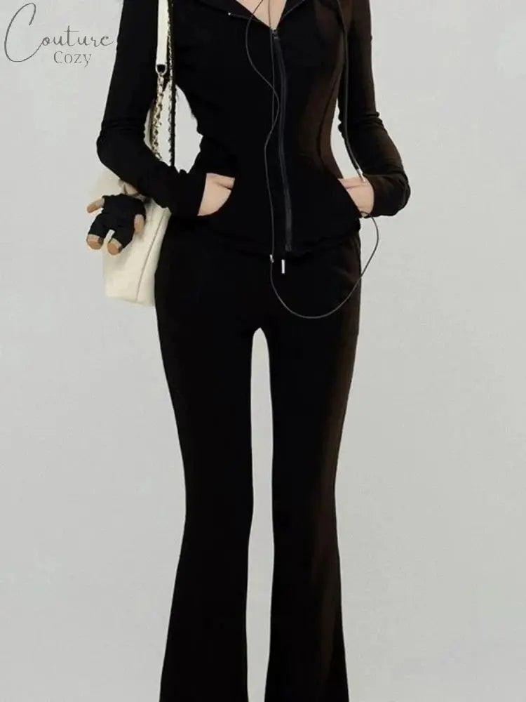Two Pieces Set Casual Slim Letter Embroidery Zipper Women Hoodies + Fashion Y2k Aesthetic Solid High Waist All Match Pants Femme Couture Cozy